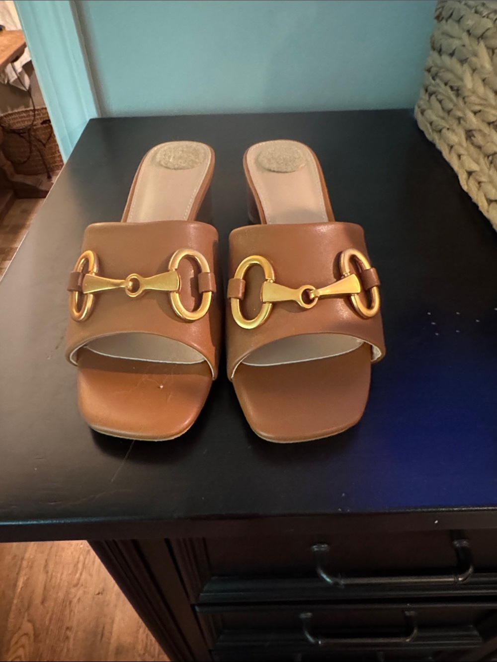 Women's canel Slide mule  with Gold Bit Hardware